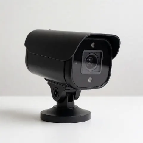 Modern black security camera on a white surface, ready for installation in any business.