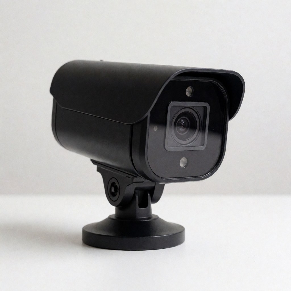 Modern black security camera on a white surface, ready for installation in any business.