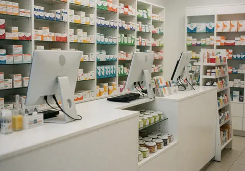 Clean modern pharmacy interior featuring white counters, computers, and shelves stocked with medications and pharmaceutical products.