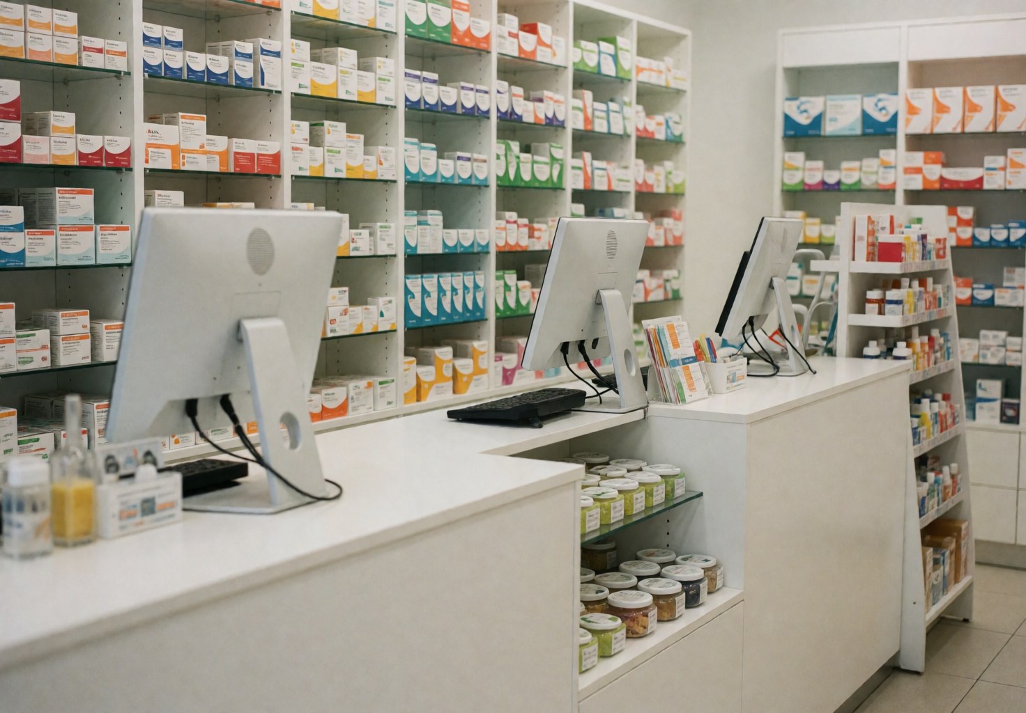 Interior of a modern pharmacy with white counters, shelves full of medications, and computers for serving customers.