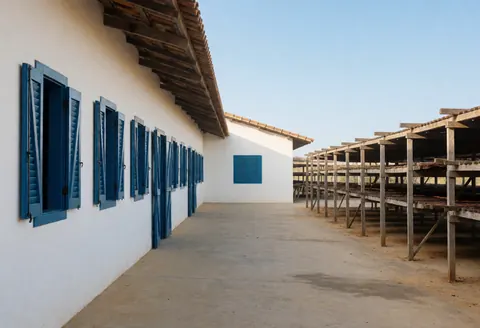 Cacao warehouse with white walls and blue shutters, with wooden structures for drying outdoors.