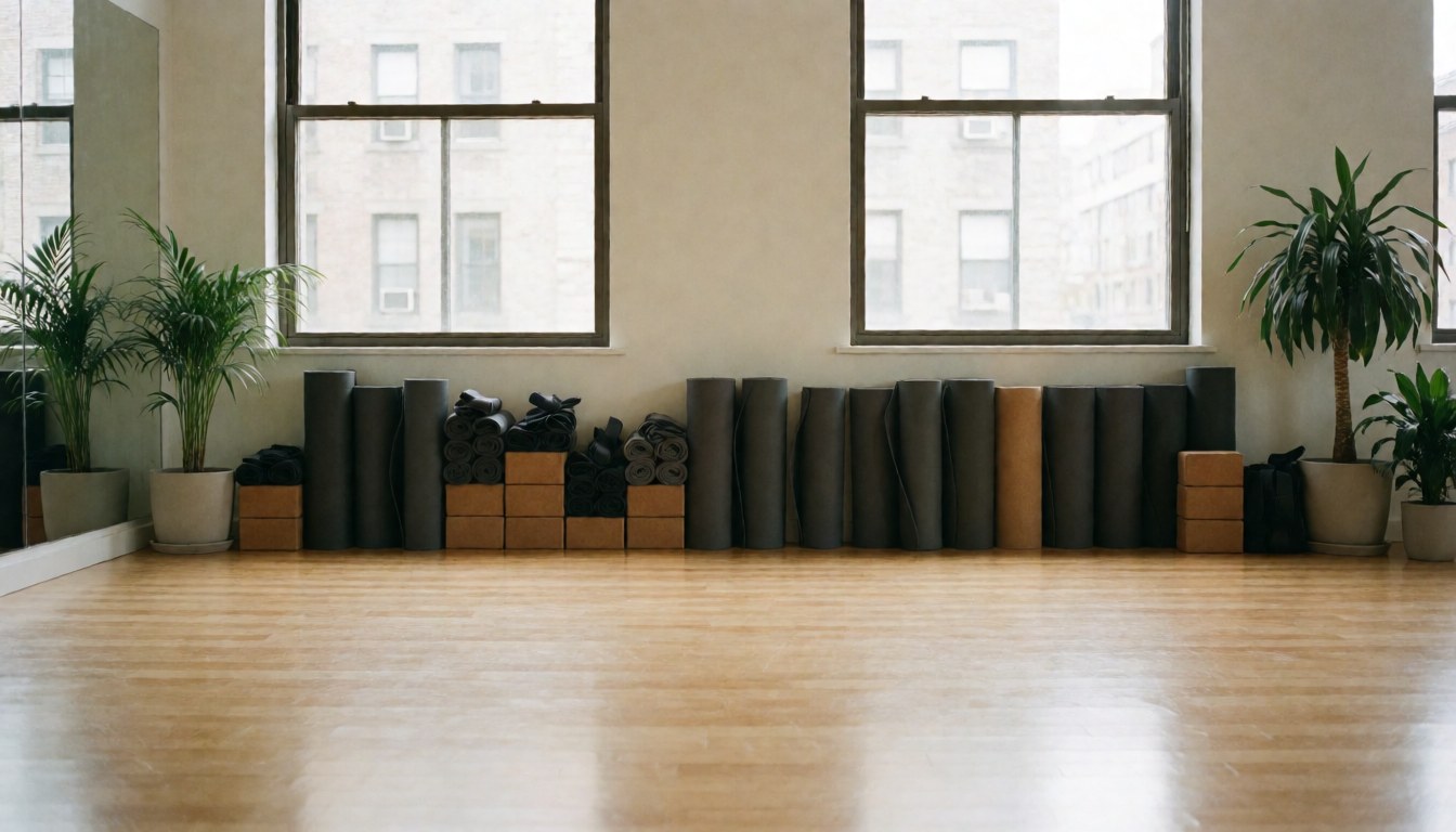 Empty yoga studio with wooden floors, yoga mats, and plants, lit by natural light from windows.