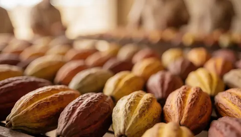 Cacao beans drying naturally on a wooden rack, with brown and yellow pods in the foreground.