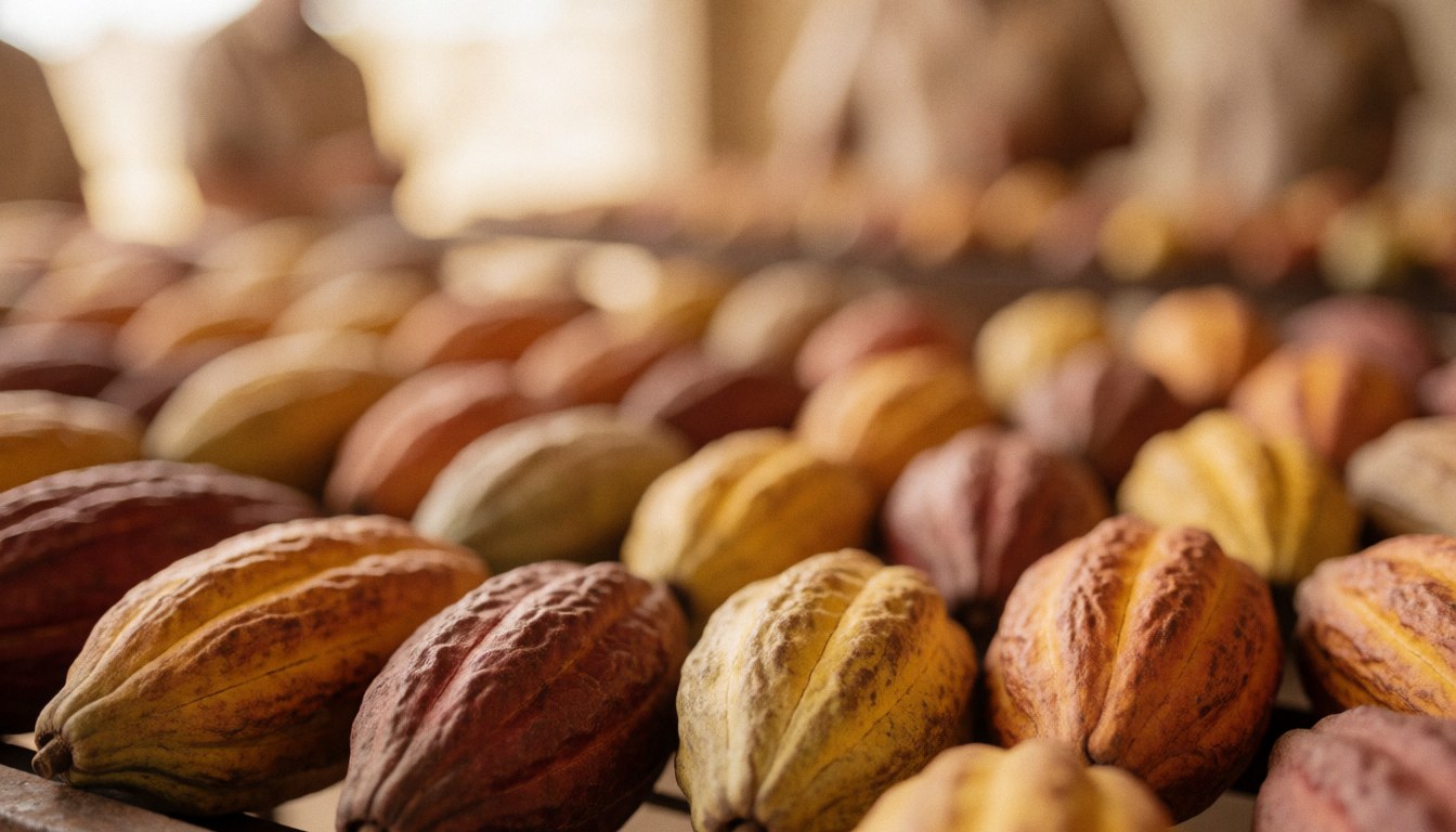 Cacao beans drying naturally on a wooden rack, with brown and yellow pods in the foreground.