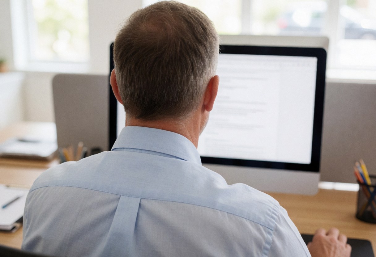 A man from behind uses a computer on his office desk.