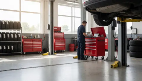Mechanic in auto repair shop working with tools in a red toolbox, with a car elevated and tires stacked.