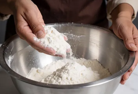 A hand adds white flour into a metal mixing bowl to prepare dough.