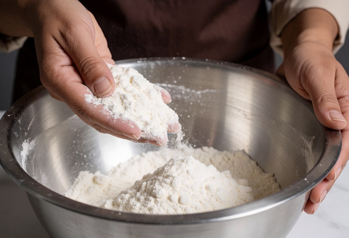 A hand adds white flour into a metal mixing bowl to prepare dough.
