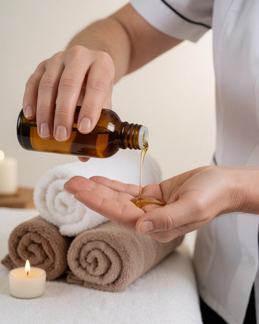 A hand pours massage oil into another hand over rolled towels and lit candles.