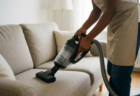 A person in an apron vacuums a beige sofa in a brightly lit living room.