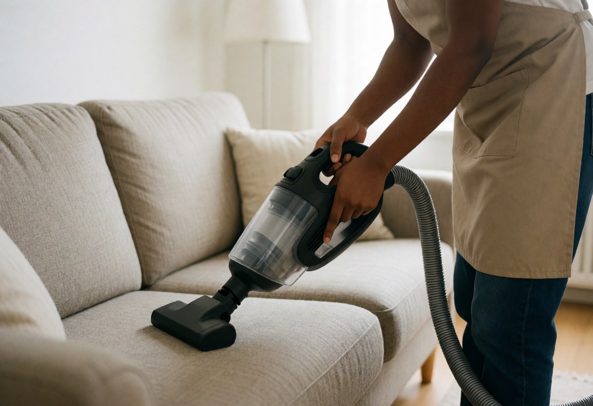 A person in an apron vacuums a beige sofa in a brightly lit living room.