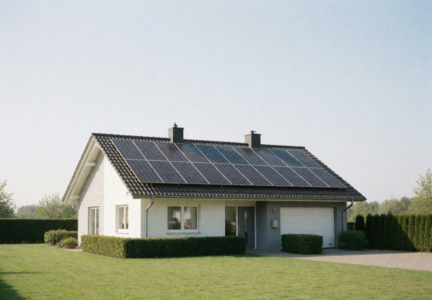 White house with solar panels installed on the roof, surrounded by well-maintained lawn and hedges under a clear sky.