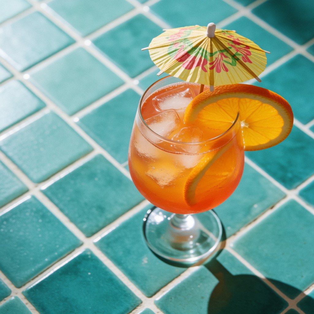 Tropical cocktail with lemon and umbrella in glass on turquoise tiles.