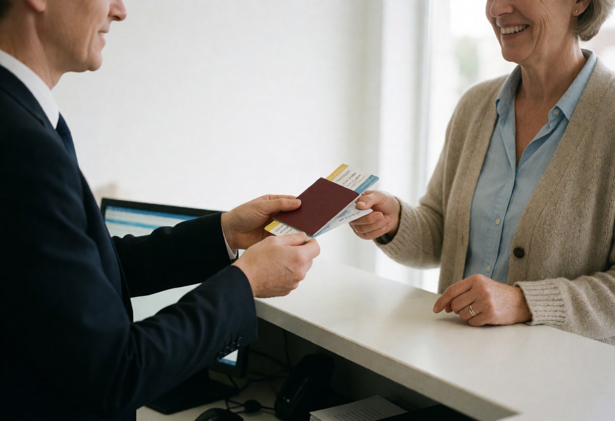 Travel agent hands passport and ticket to customer at office counter.