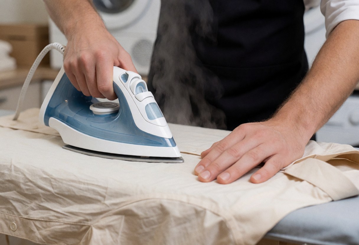 A man in an apron irons a beige shirt on an ironing board in a laundromat.
