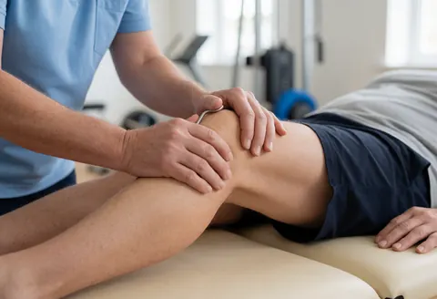 Physical therapist with hands on patient's knee using metal tool in clinic.