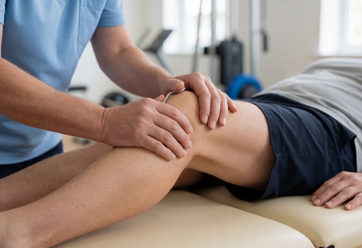 Physical therapist with hands on patient's knee using metal tool in clinic.