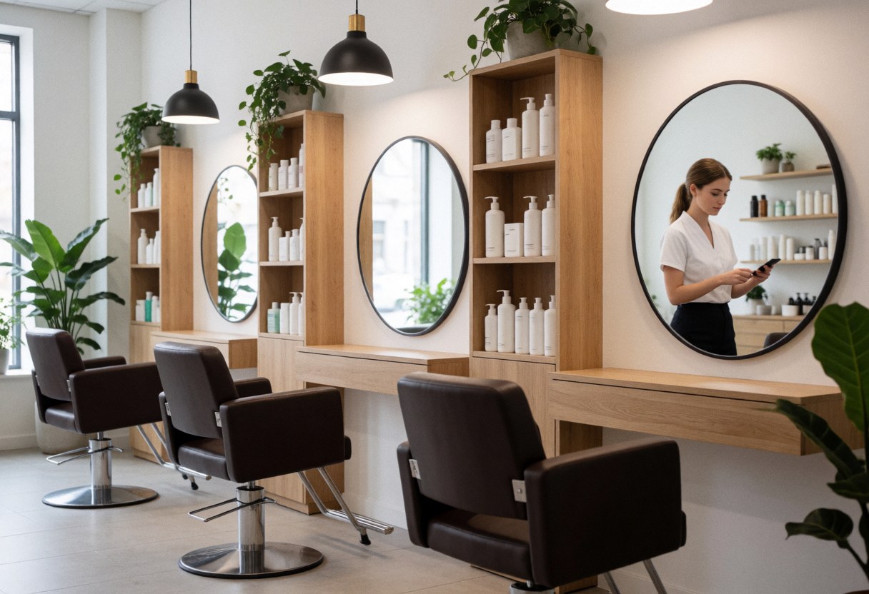 Interior of a modern hair salon with chairs, round mirrors, and shelves of products, a woman looks at her phone in the mirror.