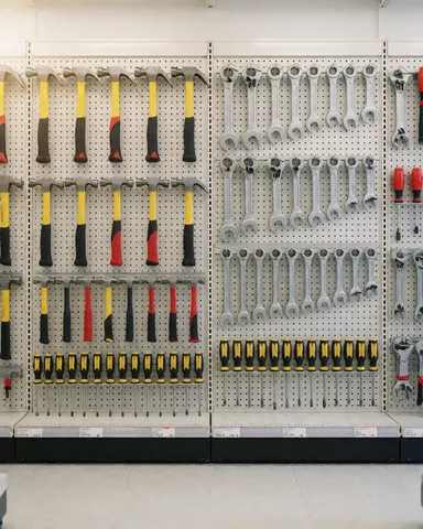 Various hand tools including hammers, wrenches, and screwdrivers mounted on a pegboard in a hardware store with bright lighting and a clean background.