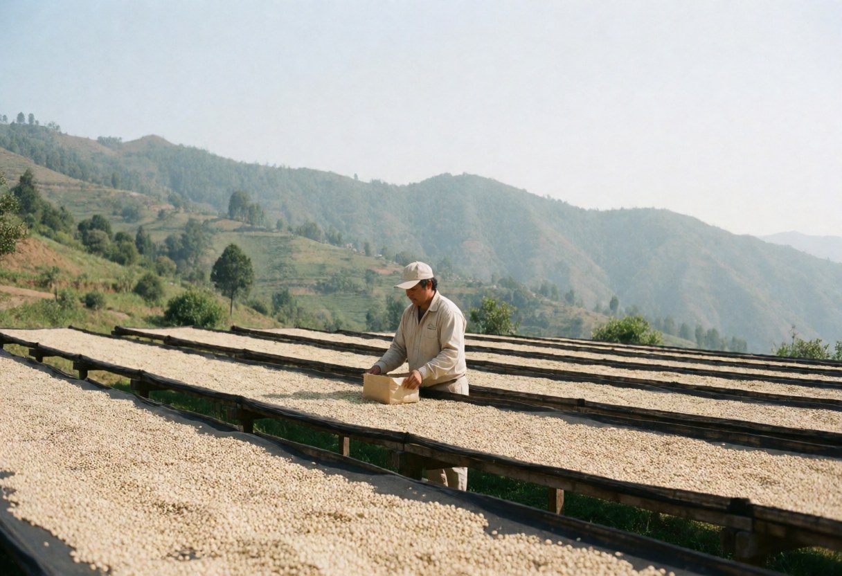 A man in a mountain field handles coffee beans drying in the sun on wooden trays.