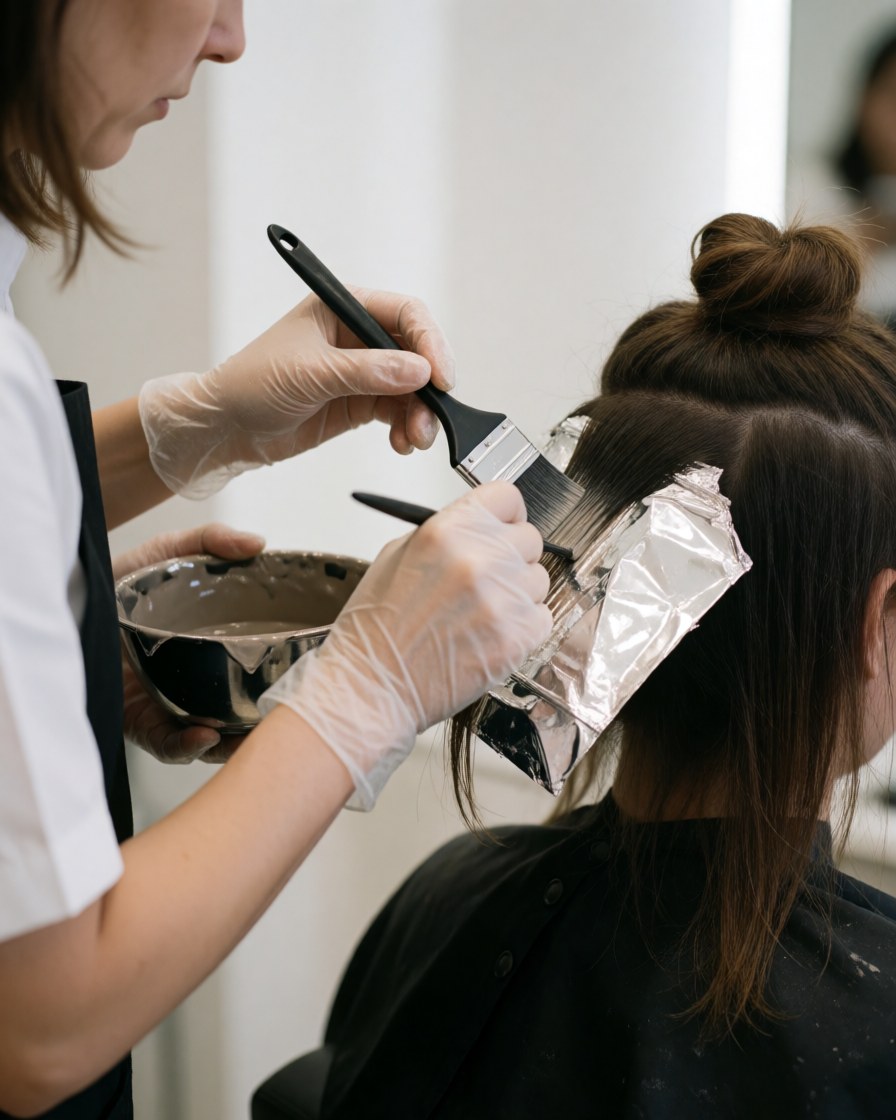 Stylist wearing gloves applies highlights to hair with aluminum foil, showing the coloring process in a beauty salon.