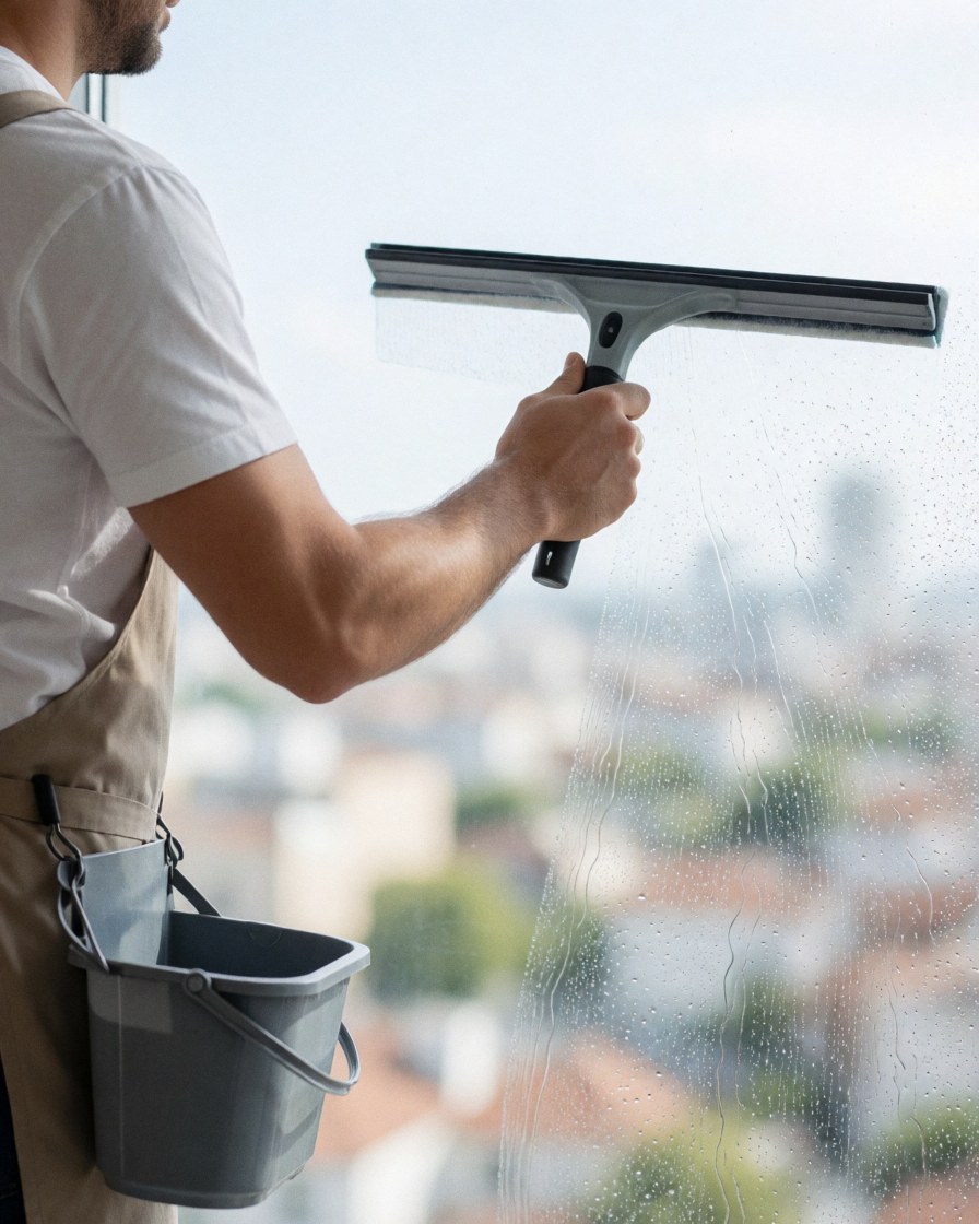 A man in an apron cleans a window with a squeegee and a bucket of water.