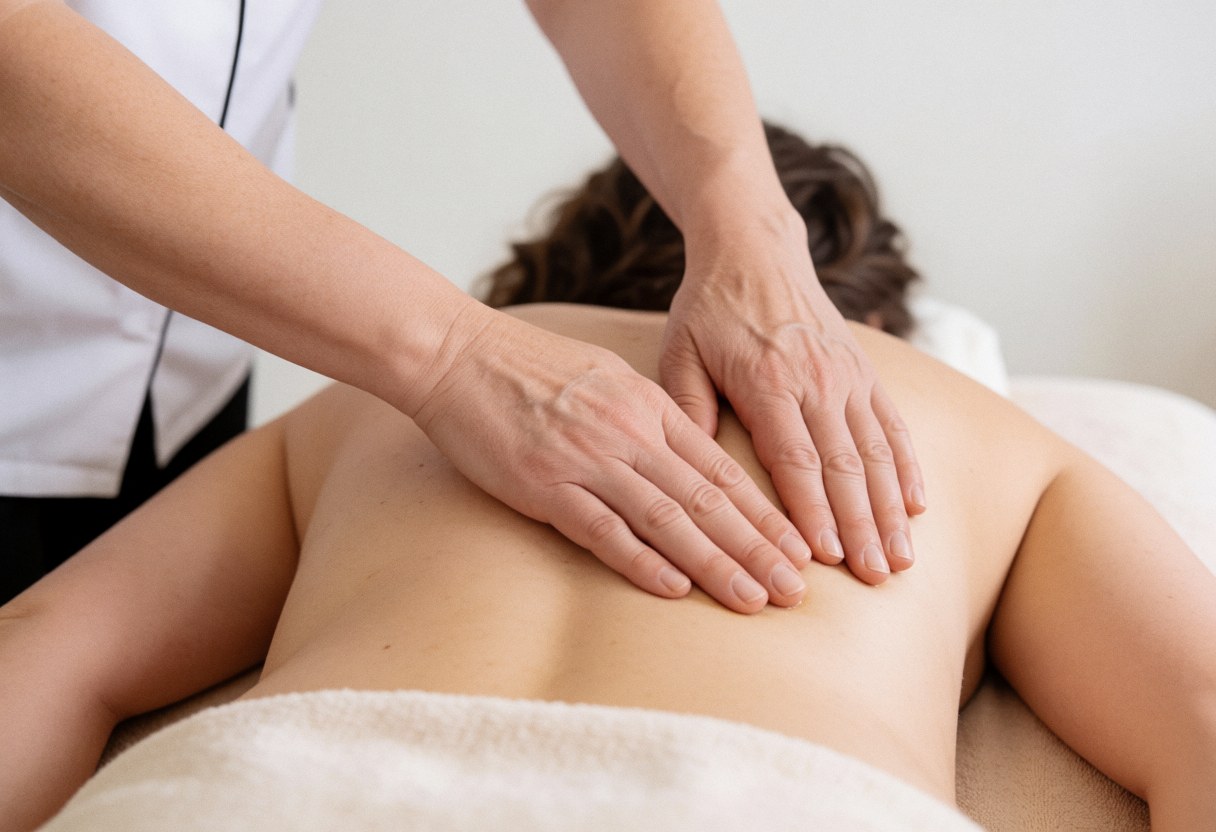 A massage therapist gives a back massage to a client lying on a massage table covered with white towels.