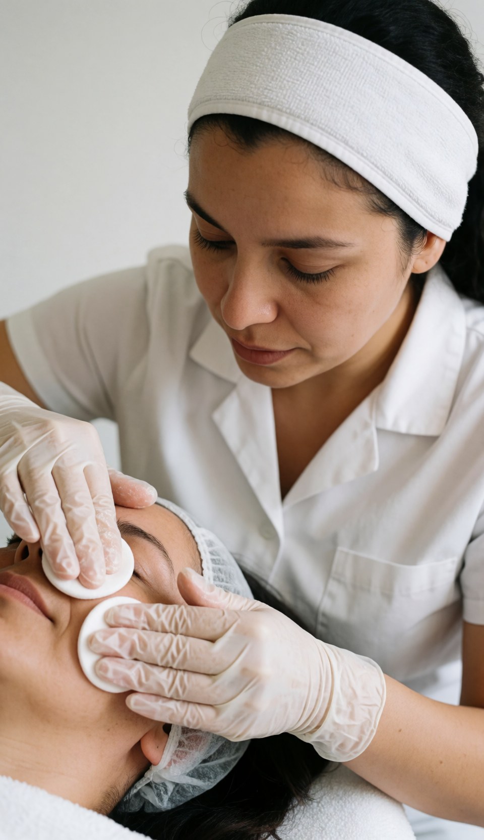 An esthetician with gloves cleaning a client's face with cotton pads in a beauty clinic.