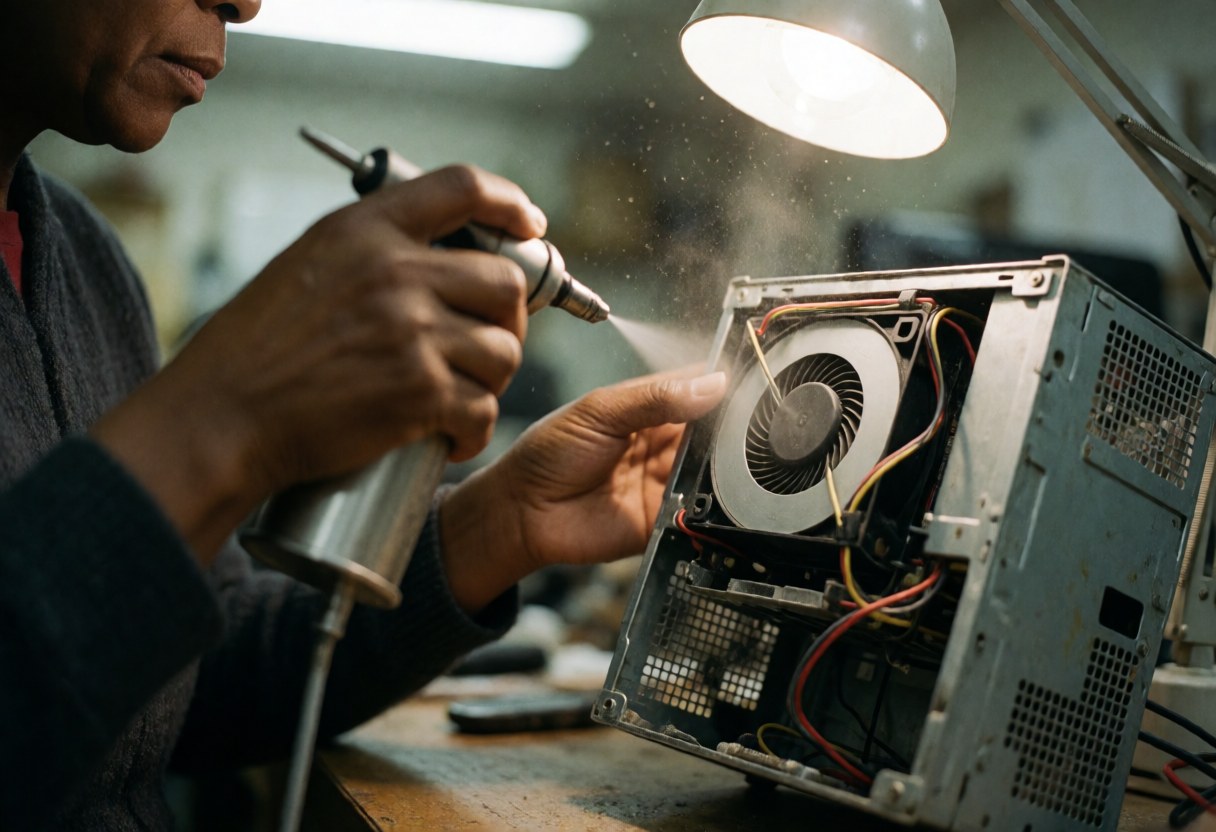 Technician using compressed air to clean inside a computer with fan and wires.