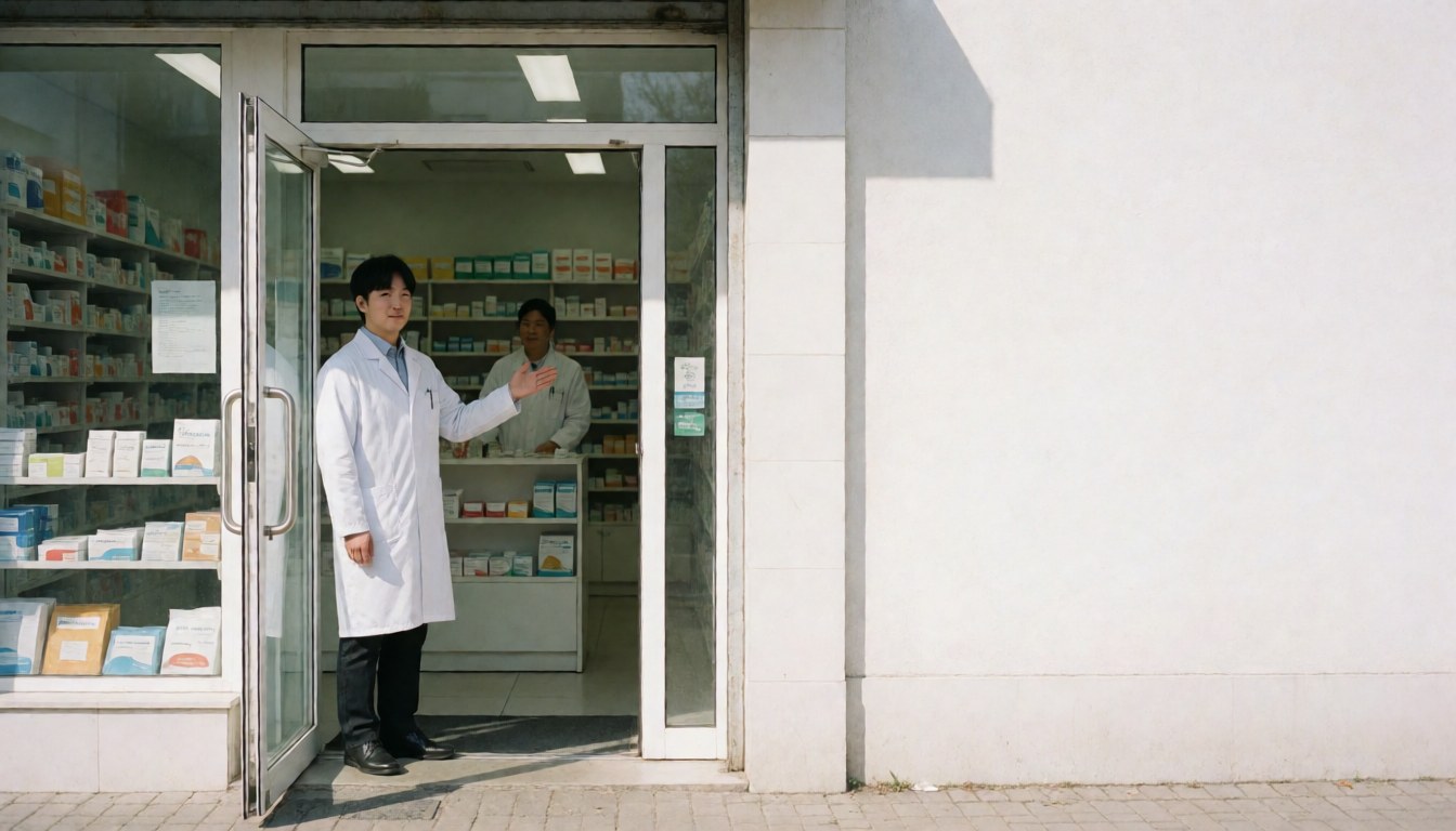 A pharmacist stands at the open entrance of a clean pharmacy, welcoming clients with shelves of medication visible in the background.