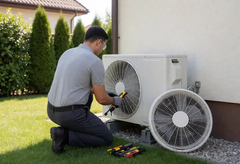Technician with tools inspecting an outdoor air conditioning unit in a garden.