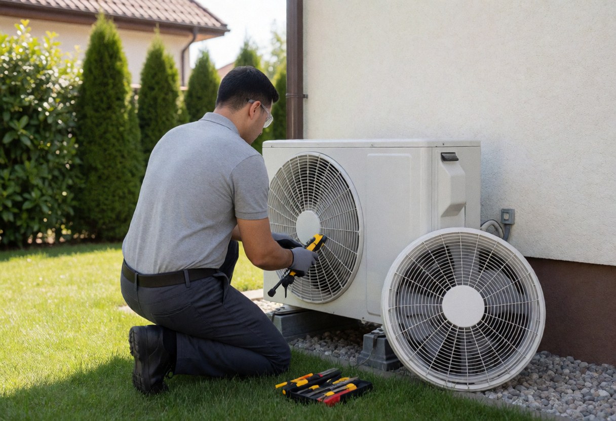 Technician with tools inspecting an outdoor air conditioning unit in a garden.