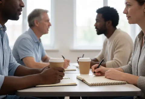 Four adults taking notes on a table with coffee, in a language class.