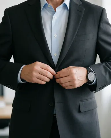 A man buttons his suit jacket with a blue shirt and watch, preparing for a professional meeting.