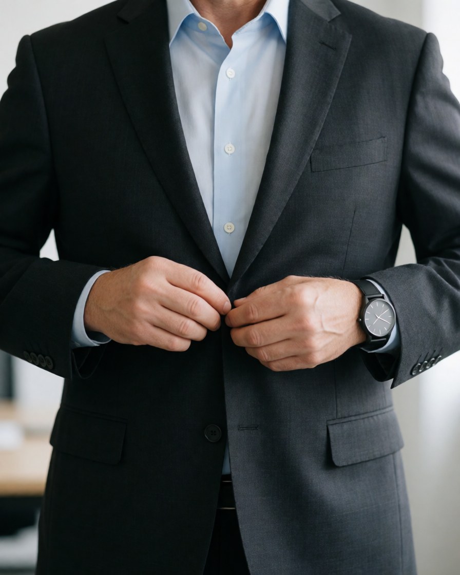 A man buttons his suit jacket with a blue shirt and watch, preparing for a professional meeting.