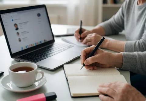 A person writes notes in a notebook while working from home with a laptop and a cup of tea.