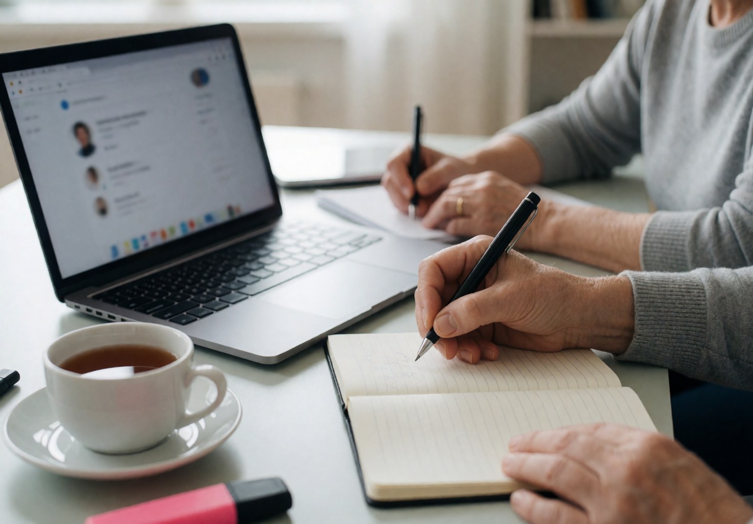 A person writes notes in a notebook while working from home with a laptop and a cup of tea.