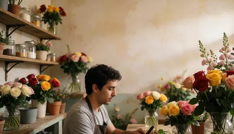 A young florist in an apron works with roses in his flower shop, surrounded by bouquets and vases.