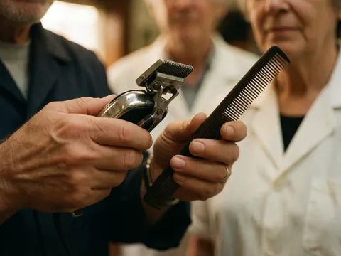 Close-up of a barber's hands holding professional vintage scissors and a comb, showcasing essential barbershop tools for hair cutting.
