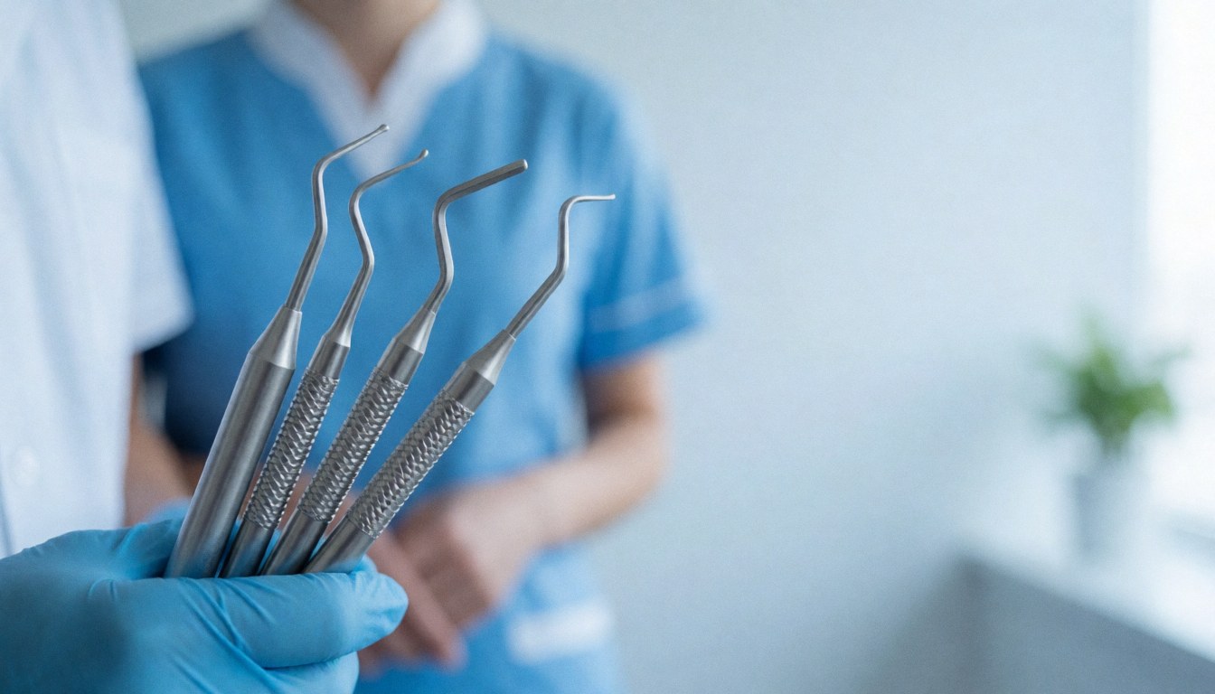 A hand in a blue glove holding four metallic dental instruments, with a dental professional in the background.