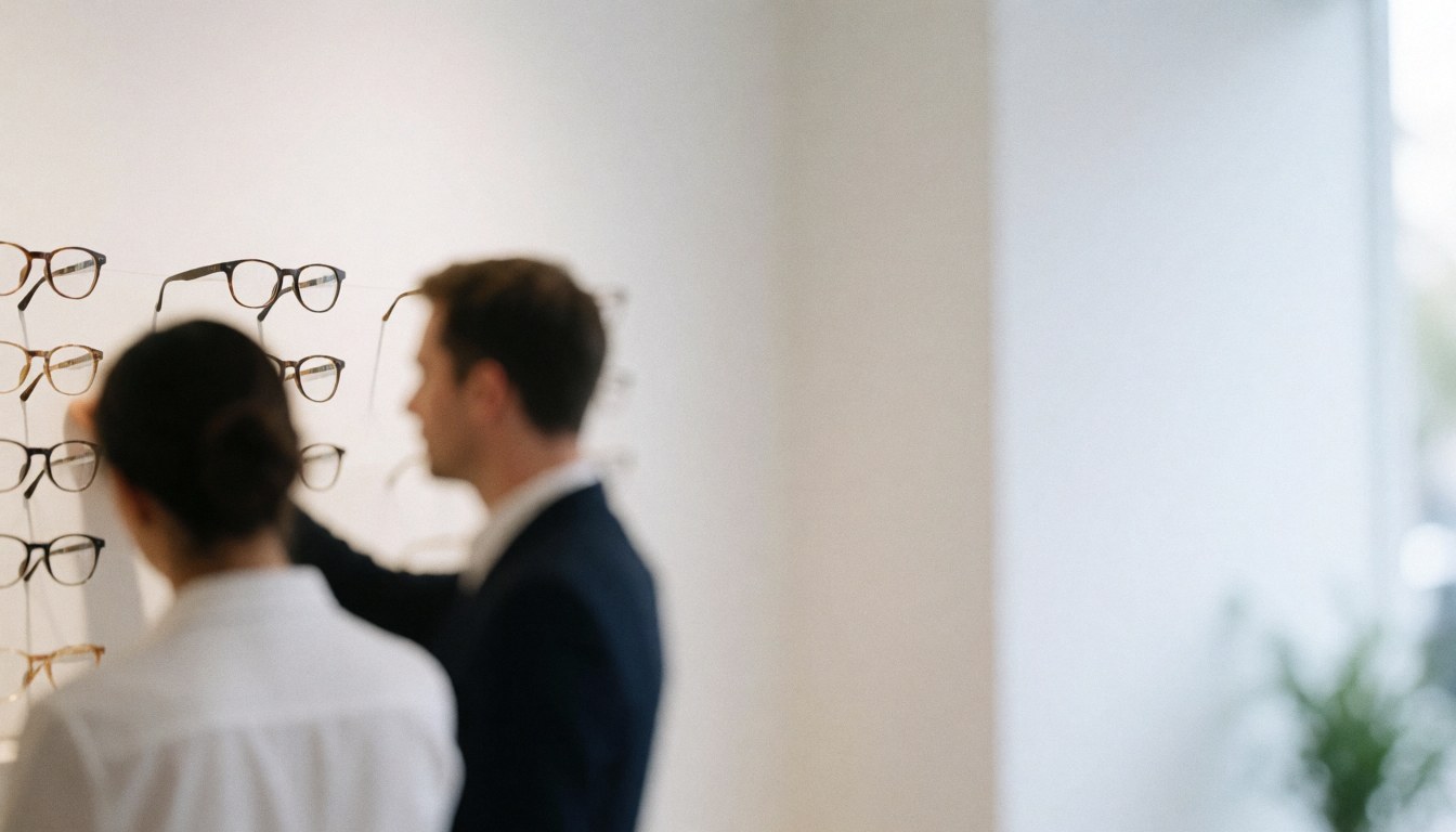 Customer and advisor in optician shop selecting eyeglass frames on a white wall.