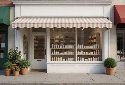 Front of a pharmacy with a display window full of products and striped awning, potted plants on the sidewalk.