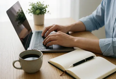 Person using laptop with coffee cup and open notebook on a wooden desk.