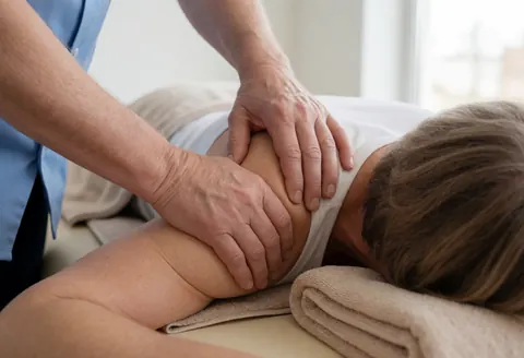 Therapist in blue uniform manually massages a patient's shoulder while the patient lies on a treatment table in a clinic.