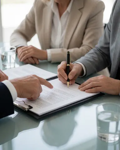 A person signs a legal document while another points to the text on a office desk with water glasses.