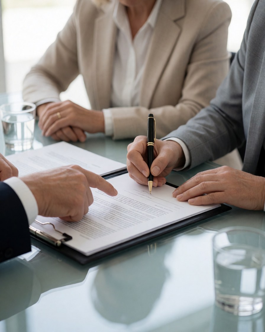A person signs a legal document while another points to the text on a office desk with water glasses.