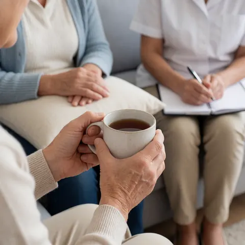 A person holds a coffee cup while another takes notes in a notebook during a therapy session.