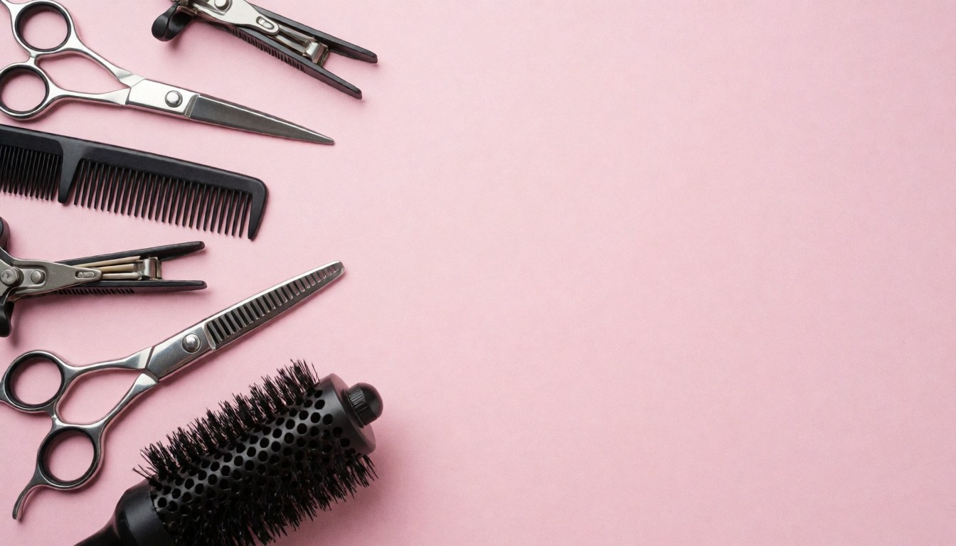 Hairdressing tools like scissors, comb and brush on light pink background.