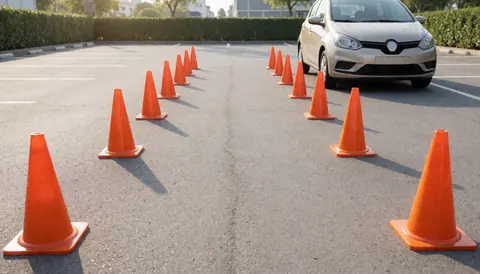 A white car drives between orange cones in an outdoor parking lot.