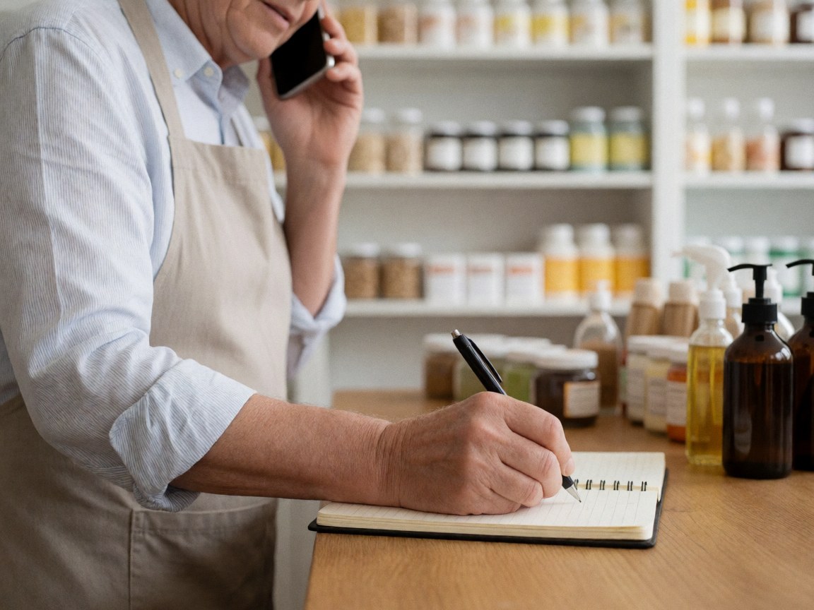 A woman in a business takes notes in a notebook while on a phone call, with products on shelves in the background.